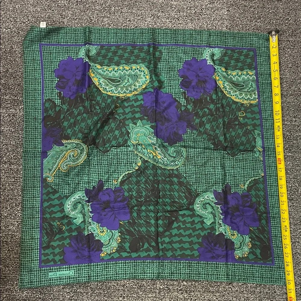 Christian Dior 100% Silk Scarf Green Purple Paisley Floral Square Vintage